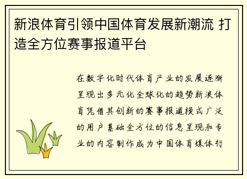 新浪体育引领中国体育发展新潮流 打造全方位赛事报道平台