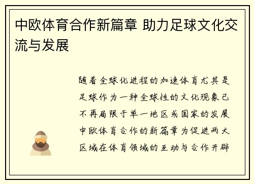 中欧体育合作新篇章 助力足球文化交流与发展